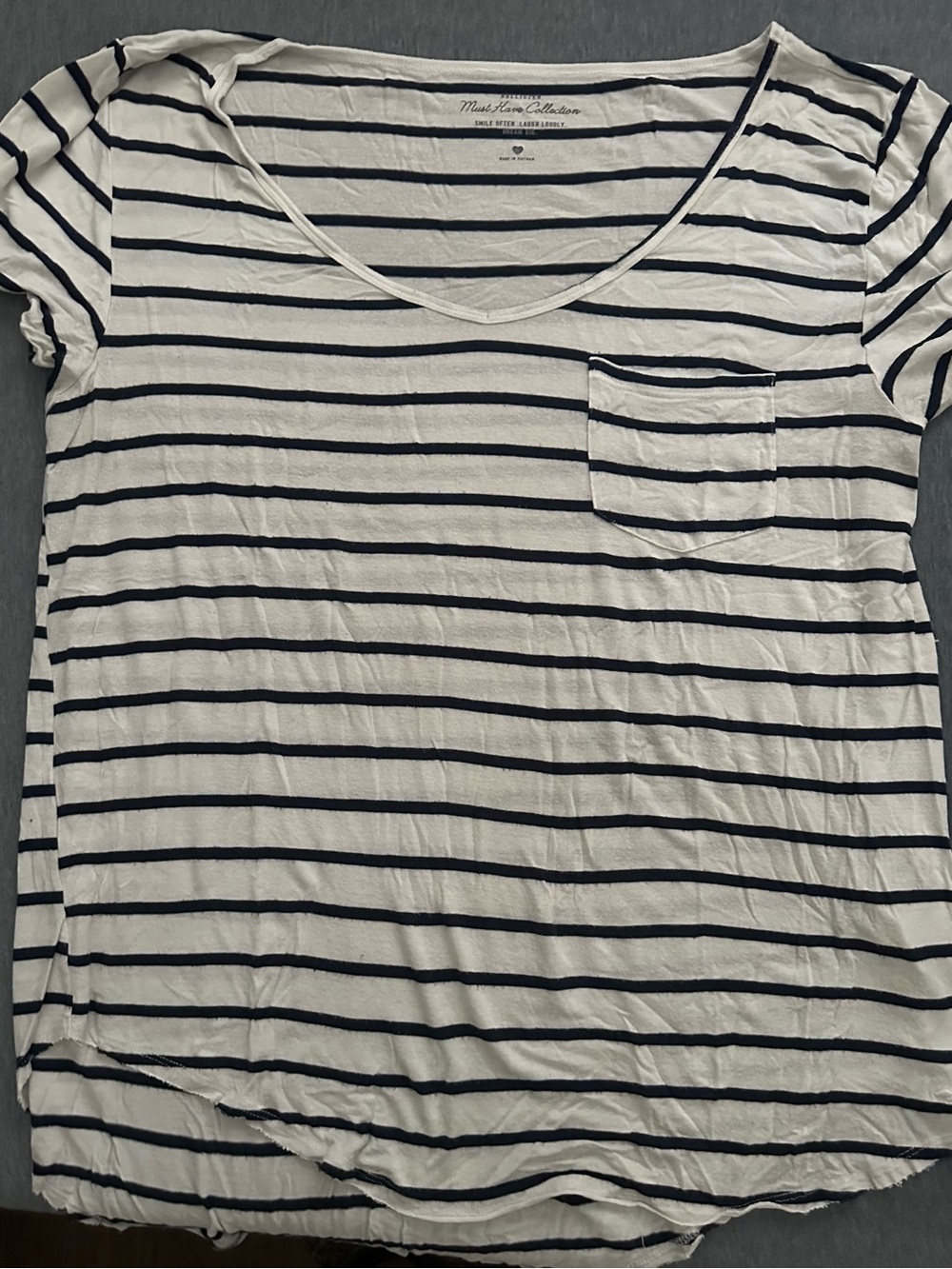 Hollister White Tee with Navy Stripes and Chest Pocket